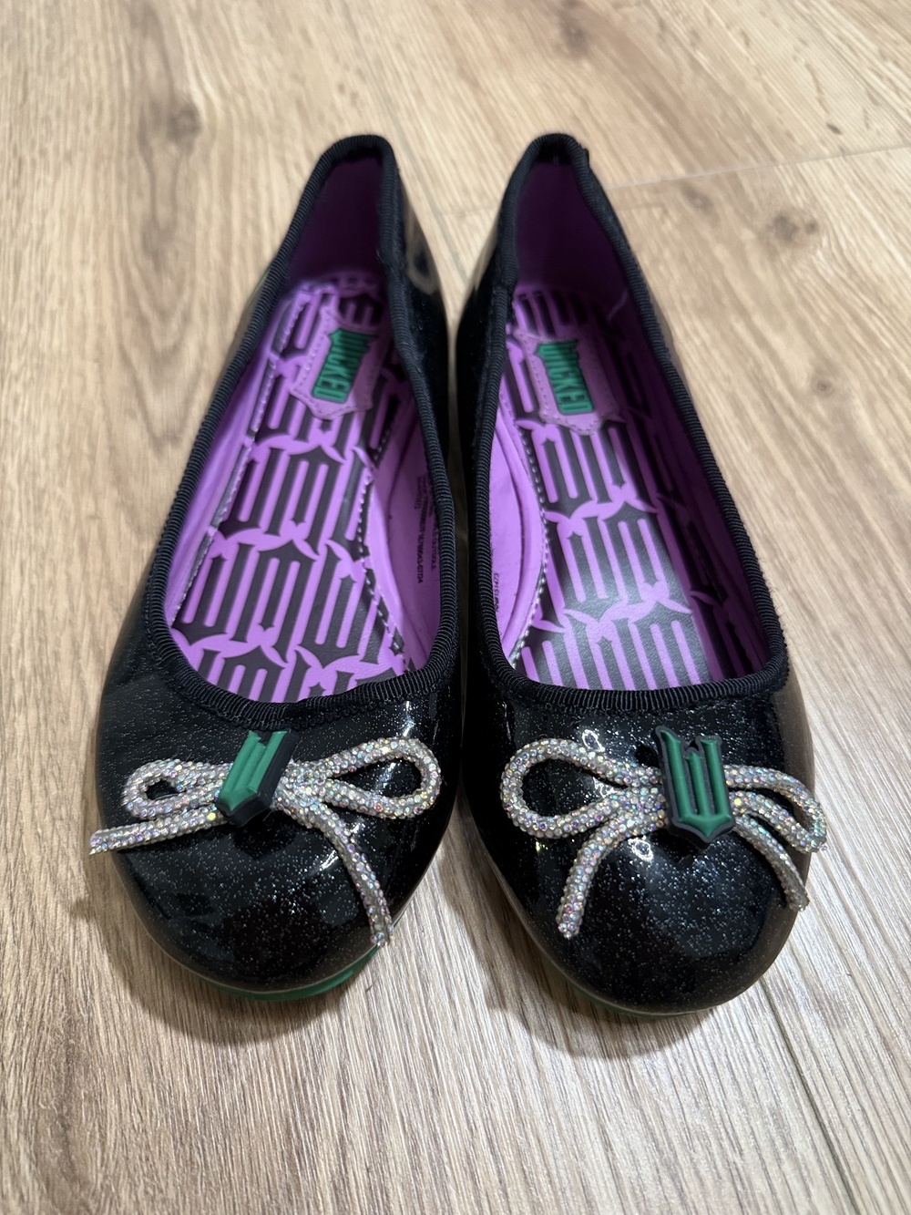 Black Glitter Ballet Flats with Purple Insole and Green Trim